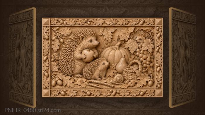 Hedgehogs sharing an apple under the leaves 3d STL model