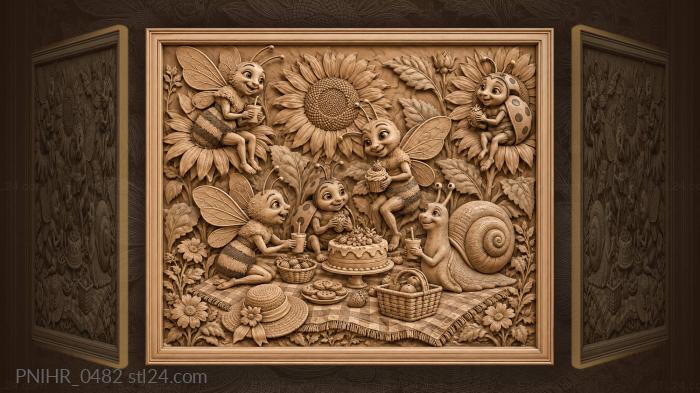 Bees and ladybirds around a picnic cake 3d STL model