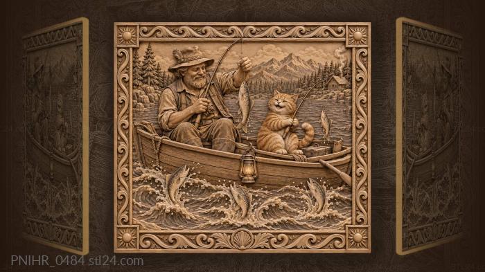 Fisherman and happy orange cat 3d STL model