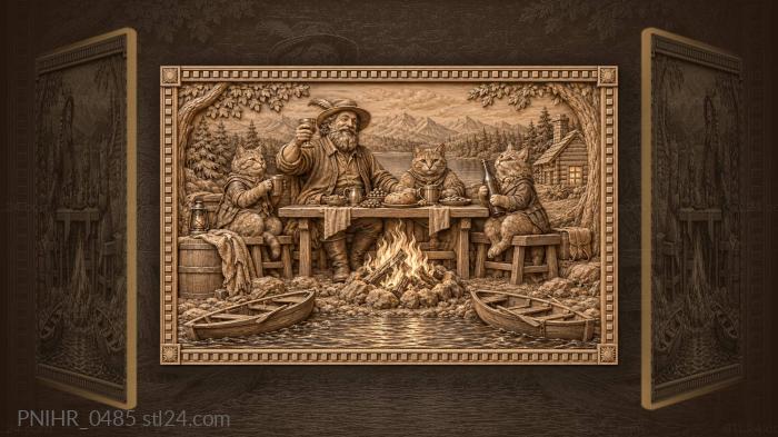 Bearded man drinking with three cats 3d STL model
