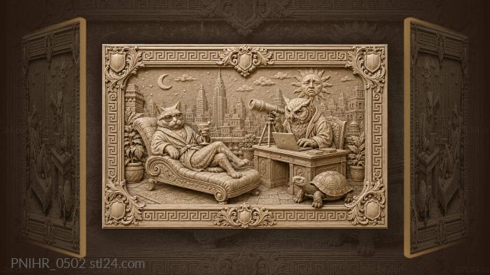 Night city cat and wise owl 3d STL model