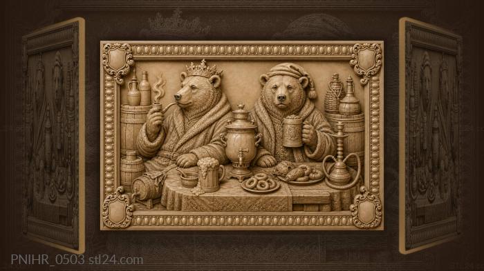 Crowned bear smoking pipe among barrels 3d STL model
