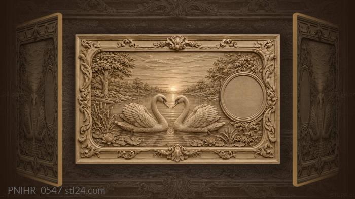 Swans sunset lake lotus frame 3d STL model