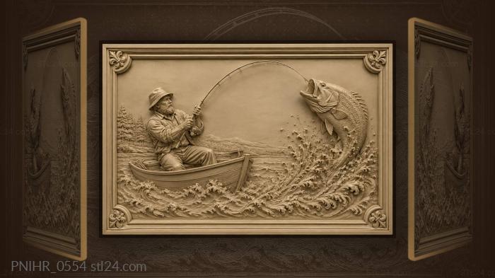 Bearded angler in a boat and leaping fish 3d STL model