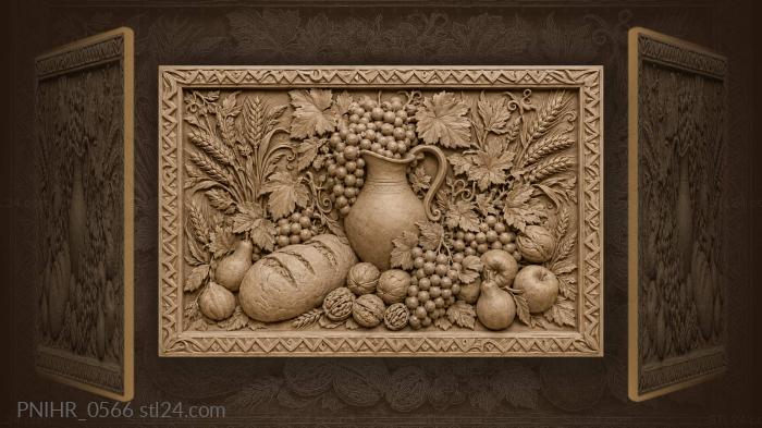 Pitcher of grapes beside a round loaf 3d STL model