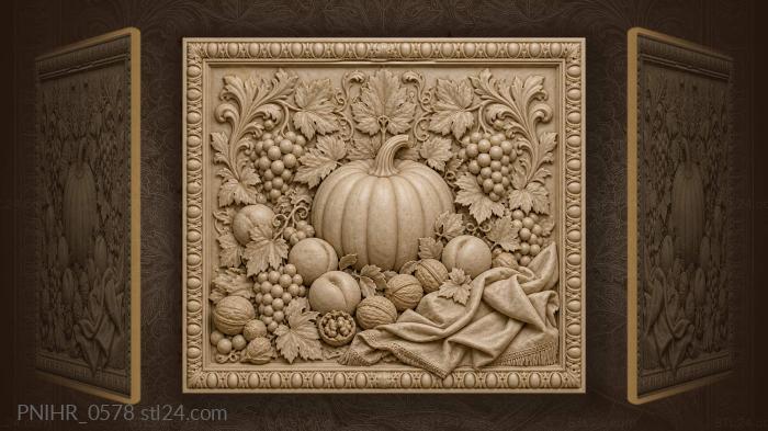 Pumpkin with peaches and walnuts on cloth 3d STL model