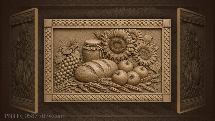 Sunflowers above bread and a jar of preserves 3d STL model