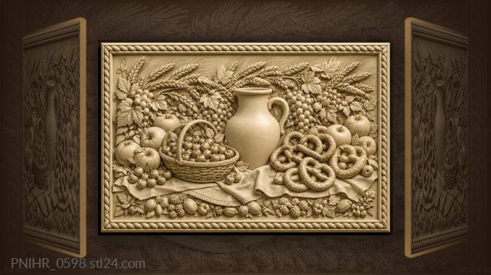 Pretzels and cherries by a clay jug 3d STL model