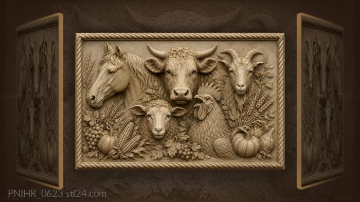 Horse cow goat and rooster heads 3d STL model