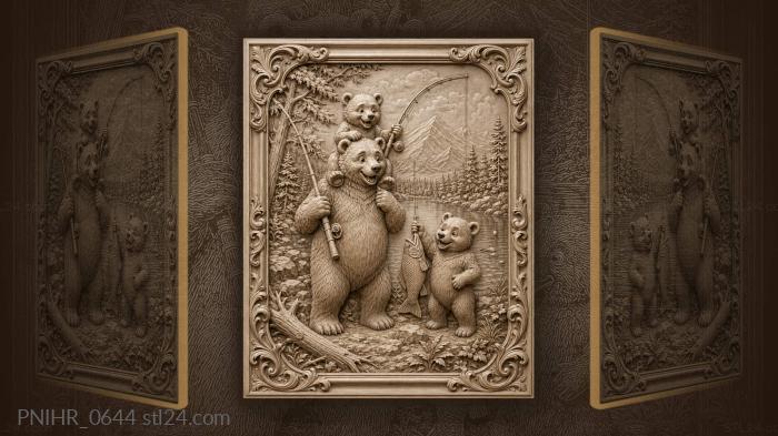 Bears fishing peaceful lakeside scene 3d STL model