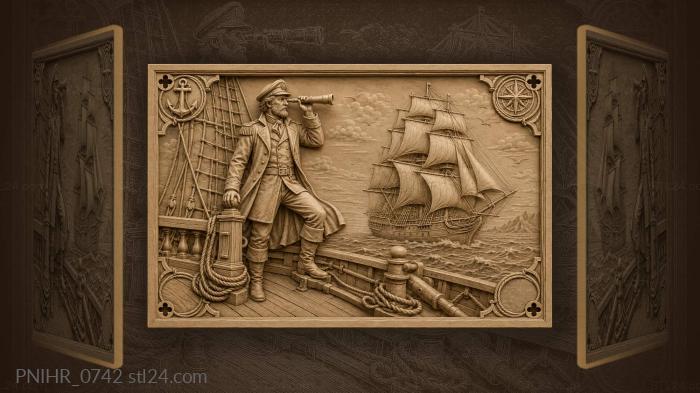 Captain with a spyglass beside tall masts 3d STL model