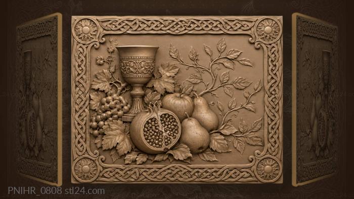Sliced pomegranate beside a silver goblet 3d STL model