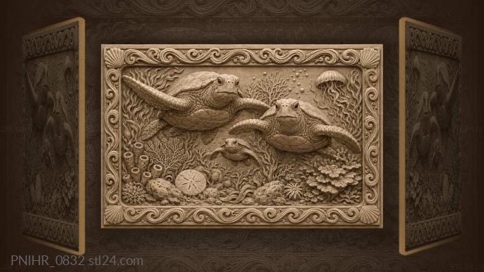 Sea turtles swim among coral reefs 3d STL model