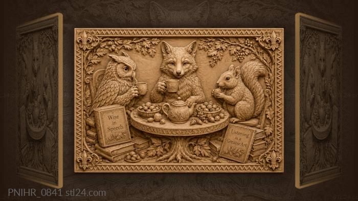 Owl fox and squirrel at tea 3d STL model