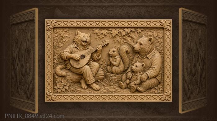 Ginger cat sings to squirrel and bears 3d STL model