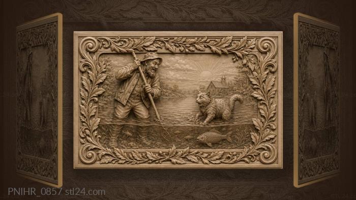 Fisherman and cat by sunrise 3d STL model