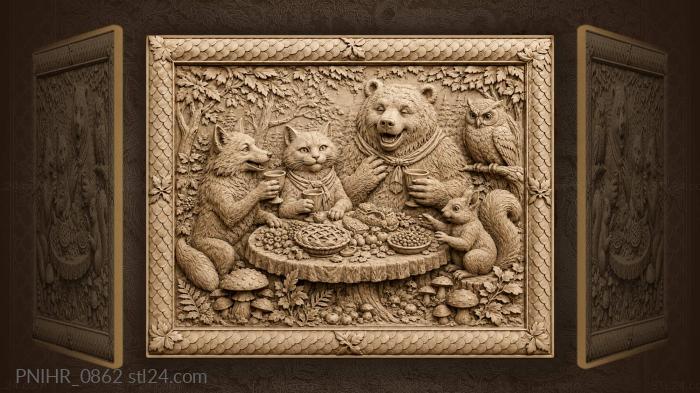 Fox lifting cup amid mushrooms and friends 3d STL model