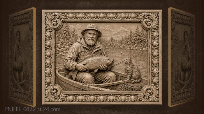 Old fisherman in boat with tabby 3d STL model