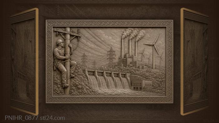 Power industry landscape with worker 3d STL model
