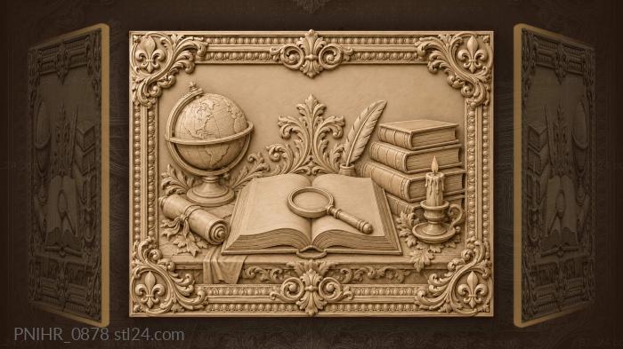 Magnifier on open book beside globe 3d STL model