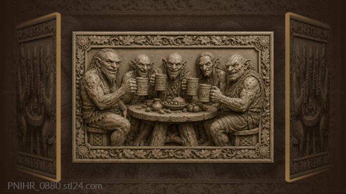 Five grotesque creatures raising tankards 3d STL model