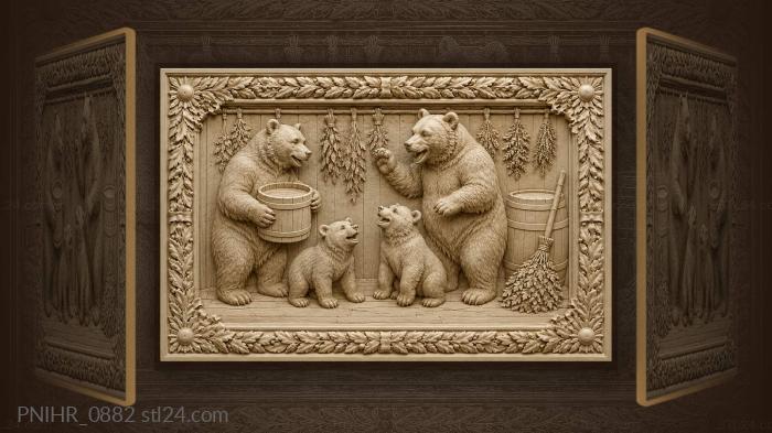 Four bears with a bucket and birch broom 3d STL model