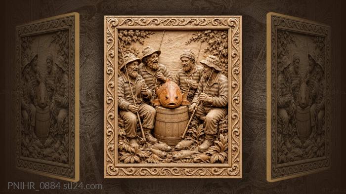 Four anglers cheer the fish atop a barrel 3d STL model