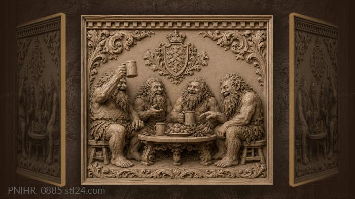 Four shaggy revellers beneath a crown 3d STL model