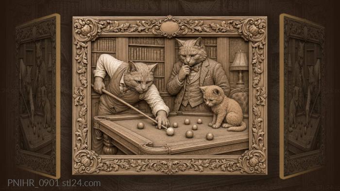 Cats playing billiards cozy room 3d STL model