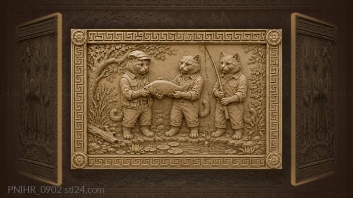 Cats fishing happy pond scene 3d STL model