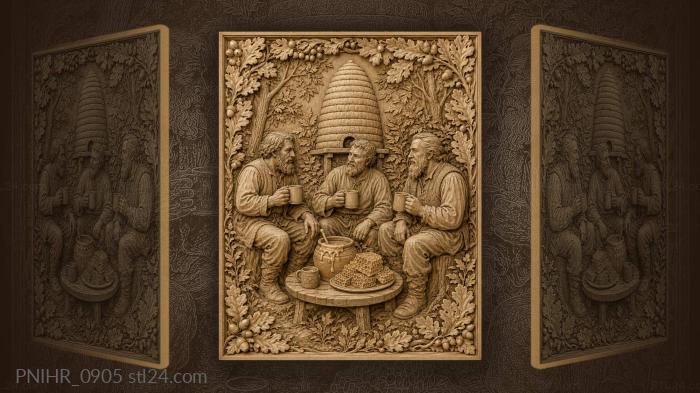 Three friends with honey and mugs 3d STL model