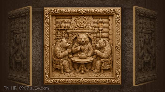 Bears at tea beneath a hearth clock 3d STL model