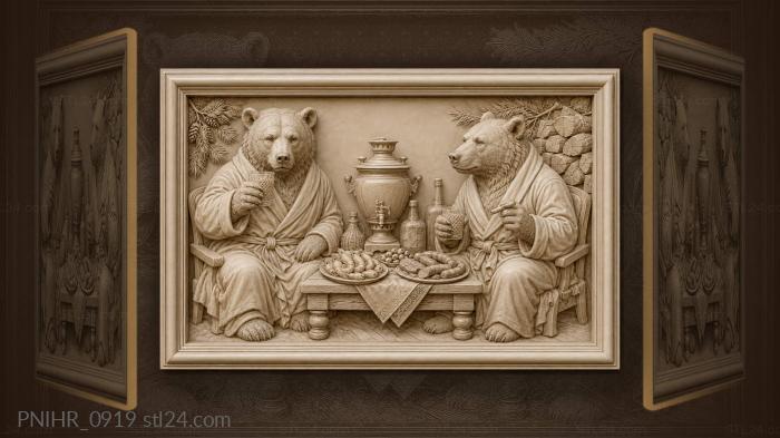 Bears in white robes with shrimp and spirits 3d STL model