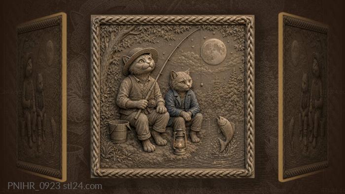 Cats night fishing under moon 3d STL model