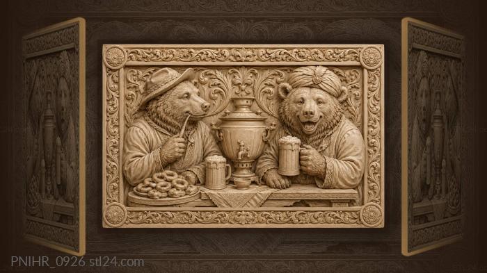 Pipe smoking bear facing one in a turban 3d STL model
