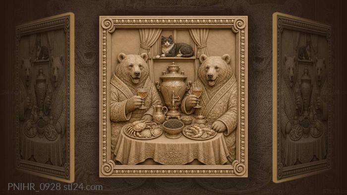 Bears with caviar and cat on windowsill 3d STL model