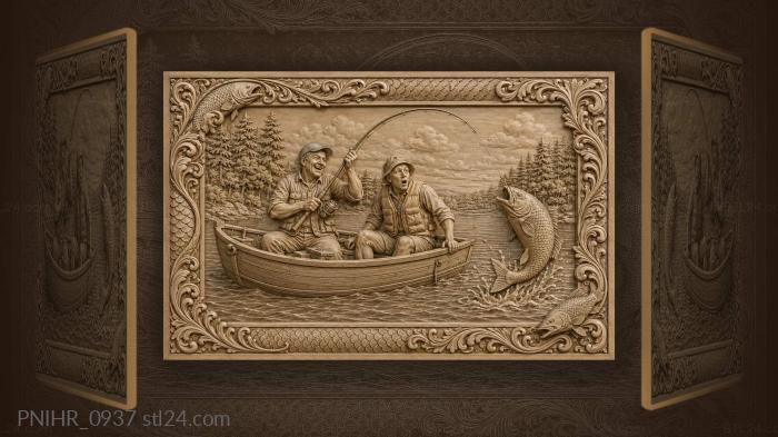 Two men reeling a big fish aboard 3d STL model