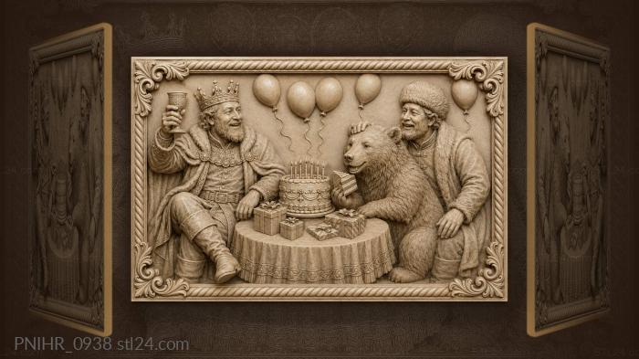 Bear holding cake at a birthday table 3d STL model