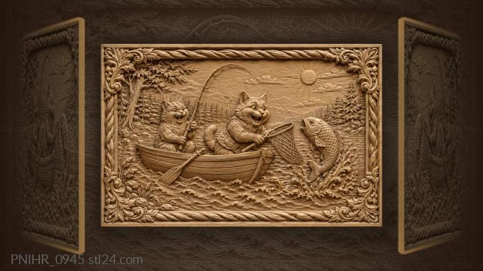 Cats fishing a leaping fish 3d STL model
