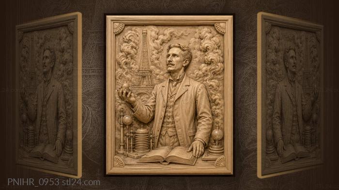 Tesla holding a device before the eiffel tower 3d STL model