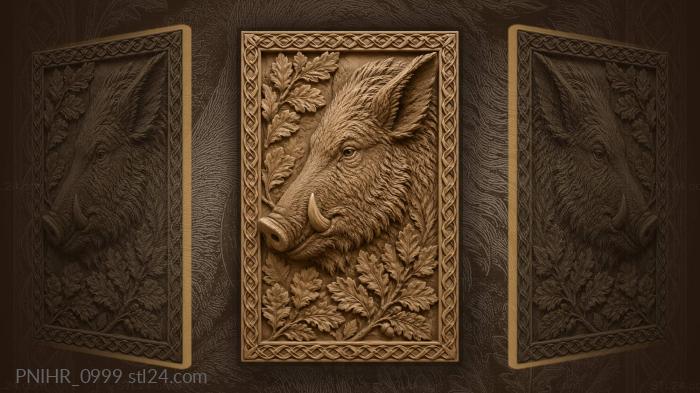 Boar head in profile among leaves 3d STL model