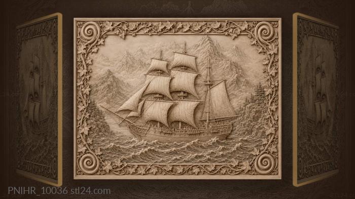 Ship sailing toward misty mountains 3d STL model
