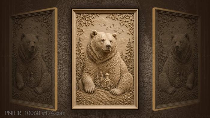 Bear near a church beneath flying birds 3d STL model