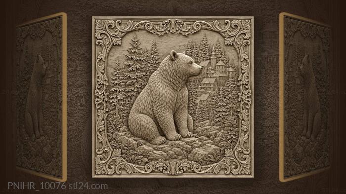 Bear seated below pines and houses 3d STL model