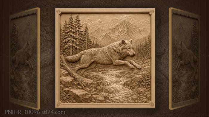 Grey wolf leaping over mountain stream 3d STL model