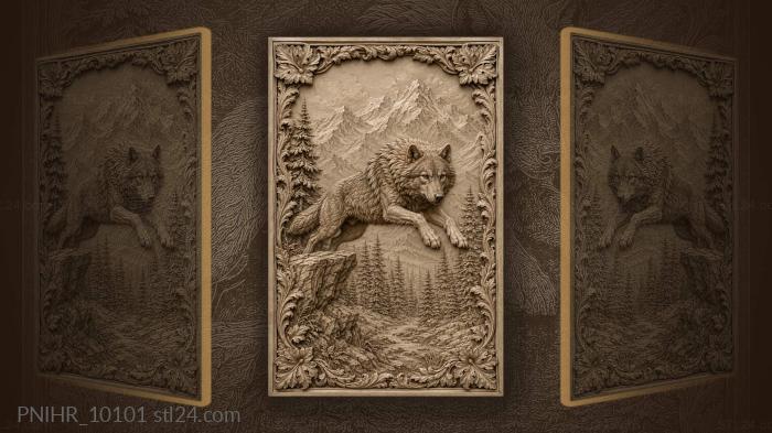 Wolf jumping off a rock toward pines 3d STL model