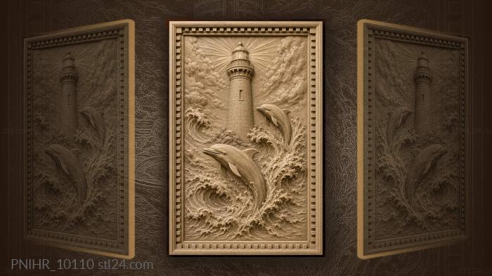 Lighthouse shining above leaping dolphins 3d STL model