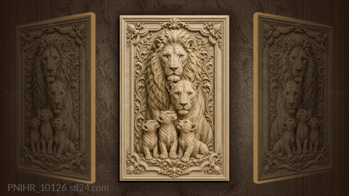 Lion parents guard three upward-looking cubs 3d STL model