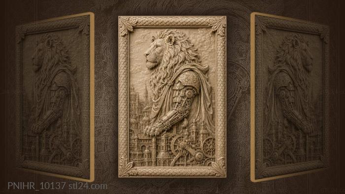 Steampunk lion with mechanical arm 3d STL model