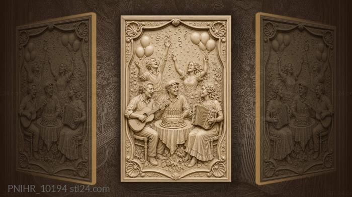 Three friends under falling confetti 3d STL model